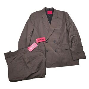 Hugo‎ Boss Double Breasted Suit Mens 40S Pants 36x32 Brown Modern Super 100 NEW